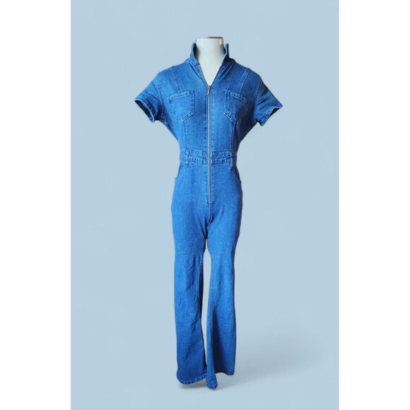Project/Rebel Stretch Denim Jumpsuit Womens Flare Leg Blue Zip Short Sleeve Sz M - Picture 1 of 11